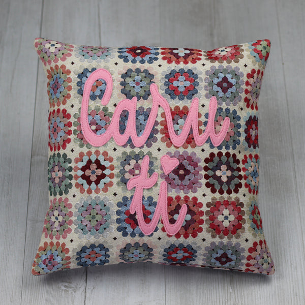 "Caru Ti " "Love You"  Floral Crochet style cushion