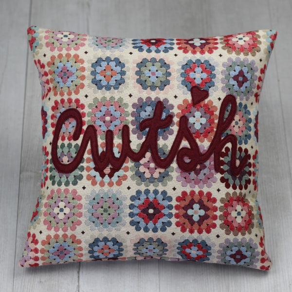 "Cwtsh" "Hug"  Floral Crochet style cushion