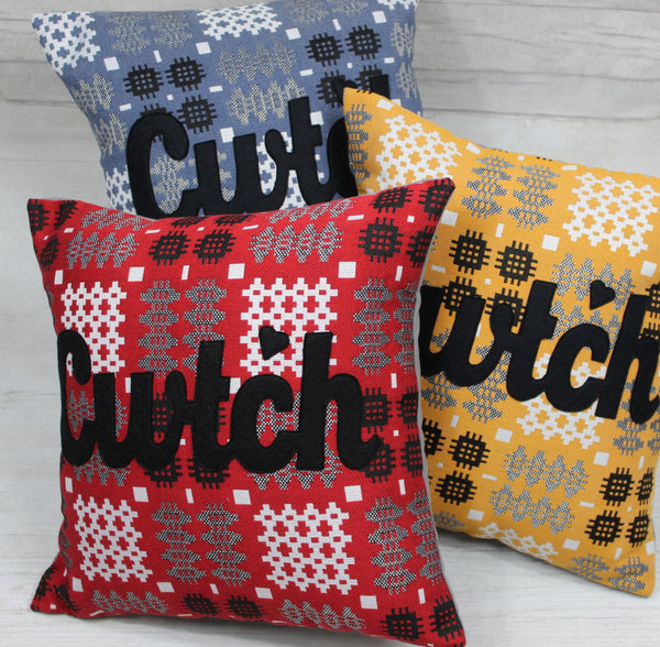 Cwtch Cushions Blue Red and Gold in Welsh Tapestry fabric