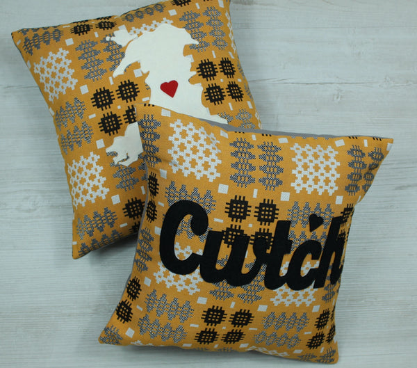 Gold Cwtsh Cushion in Welsh Tapestry fabric